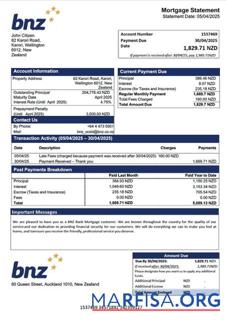 Realistic New Zealand BNZ Bank mortgage statement Word and PDF template
